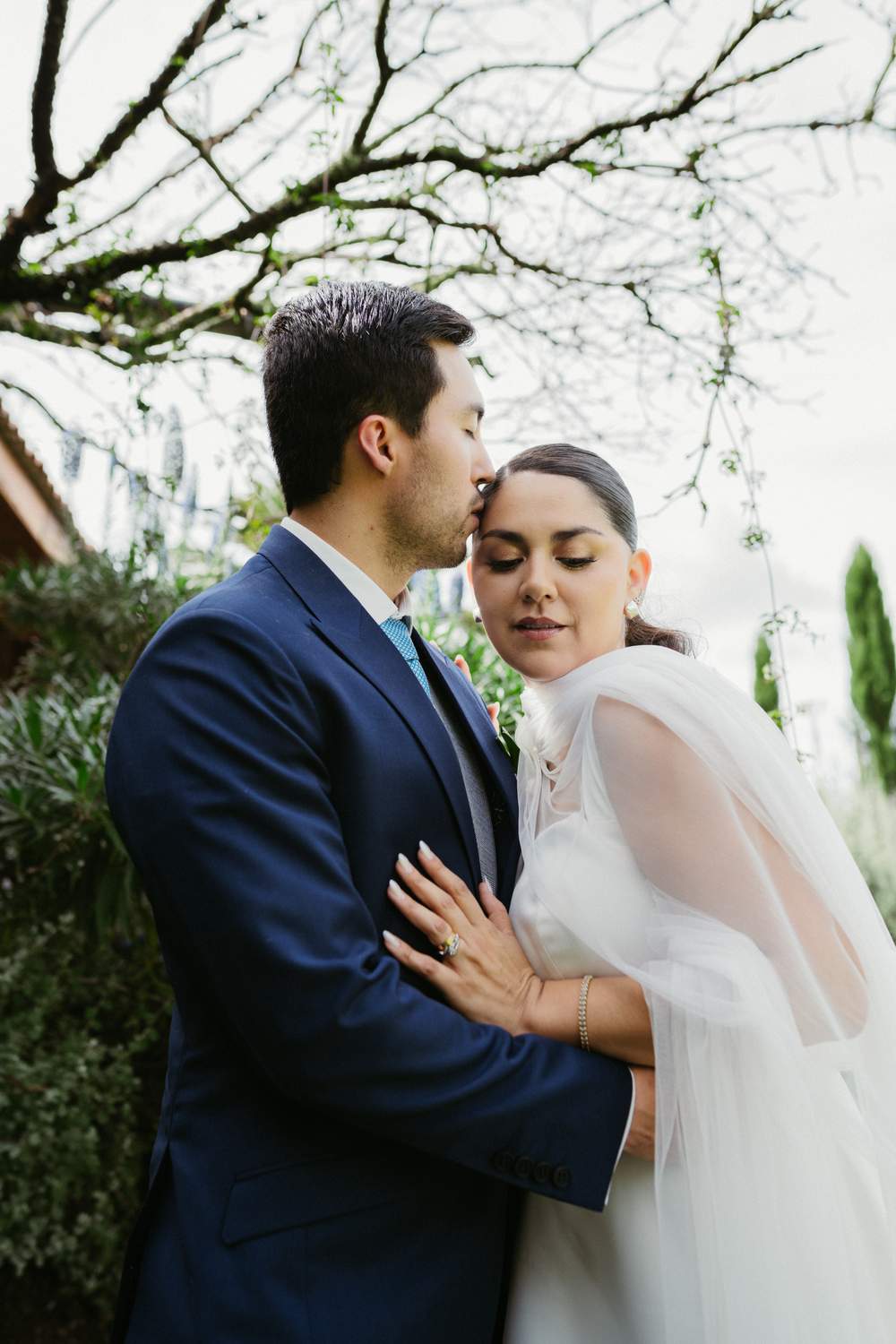 Novio besando la frente de la novia bajo un árbol